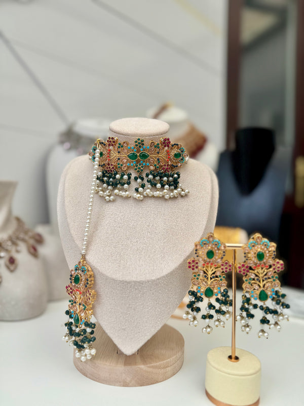 SHANAYA in bottle-green| Multi-choker set