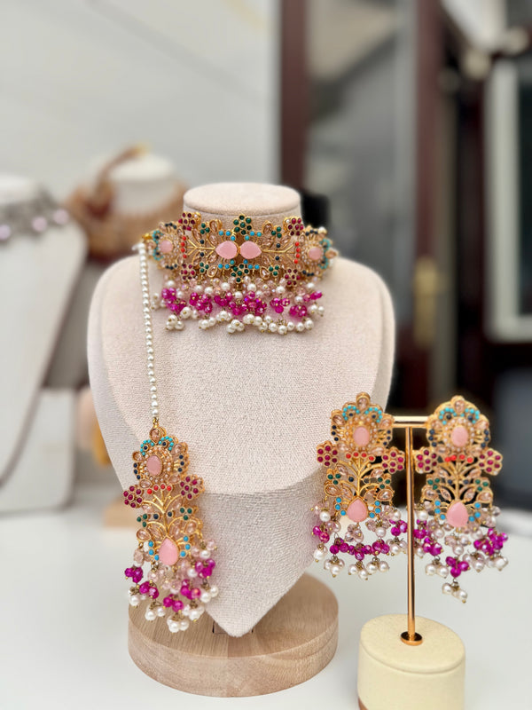SHANAYA in baby pink and shocking pink| Multi-choker set