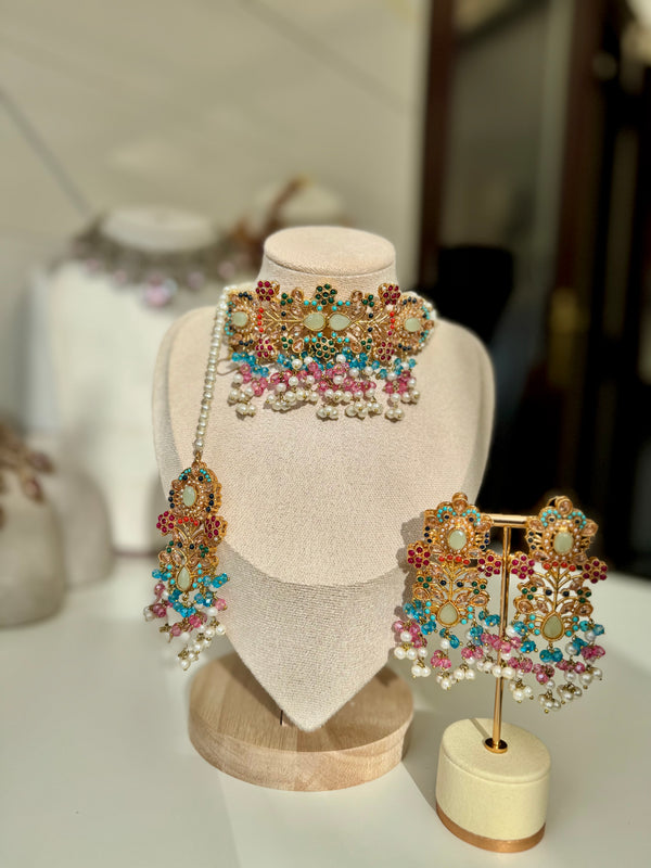 SHANAYA in baby-blue and blush-pink | Multi-choker set