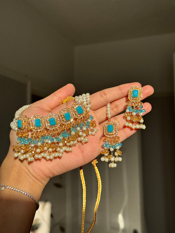 MEHER| Choker set in baby-blue and gold