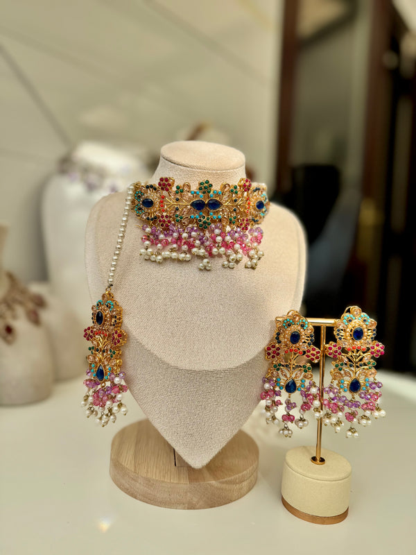 SHANAYA in blue, lilac and pink| Multi-choker set