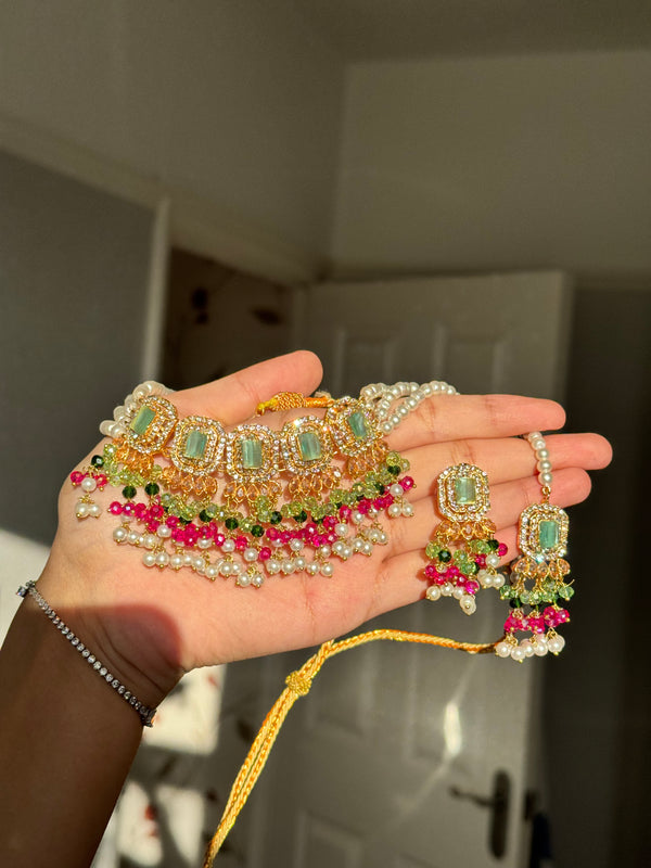 MEHER| Choker set in mint and shocking-pink