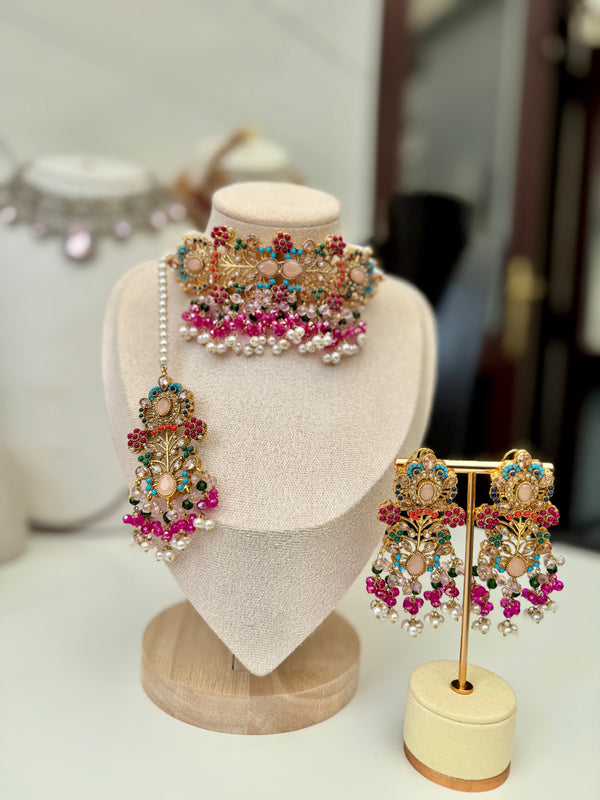 SHANAYA in baby-pink, shocking-pink and green| Multi-choker set