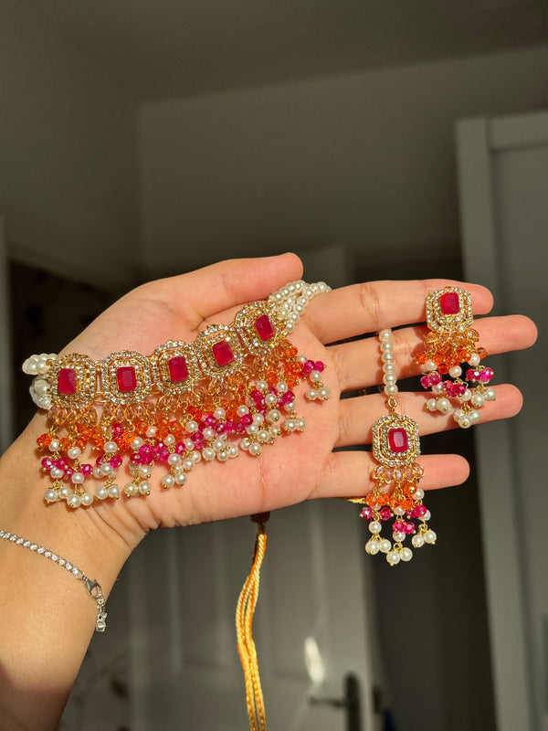 MEHER| Choker set in orange and pink