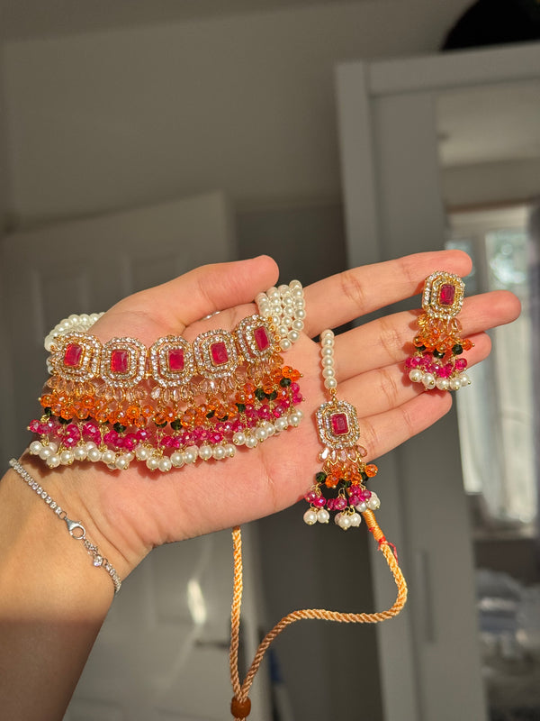 MEHER| Choker set in orange, green and pink