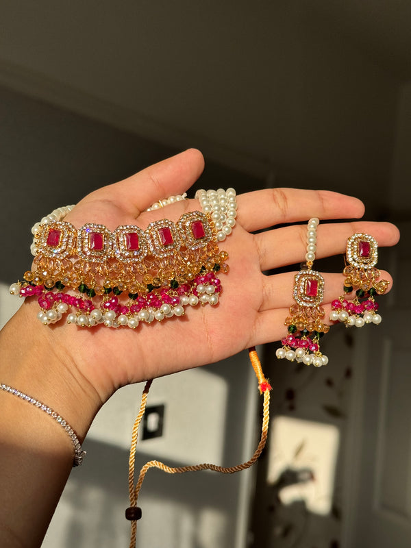 MEHER| Choker set in shocking-pink, gold and multi-colour