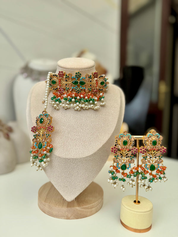 SHANAYA in green and orange| Multi-choker set
