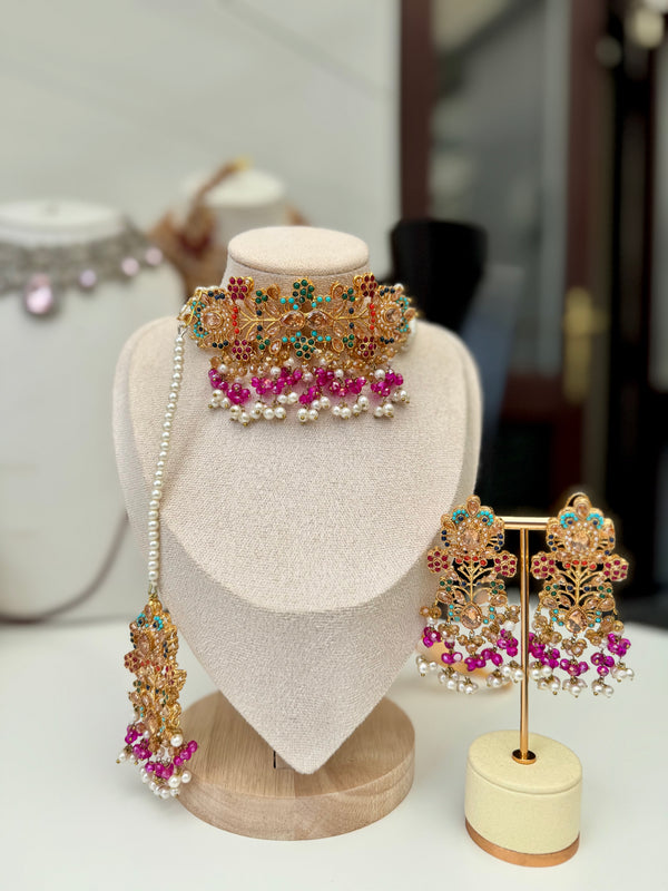 SHANAYA in gold and shocking pink| Multi-choker set