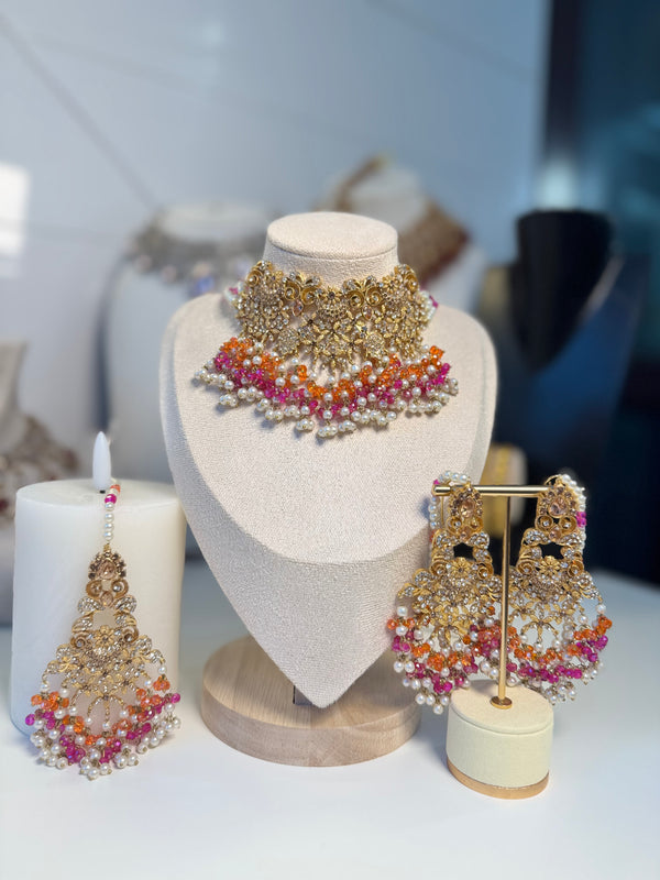 MEHRUNNISA in shocking-pink, gold and orange| Choker set