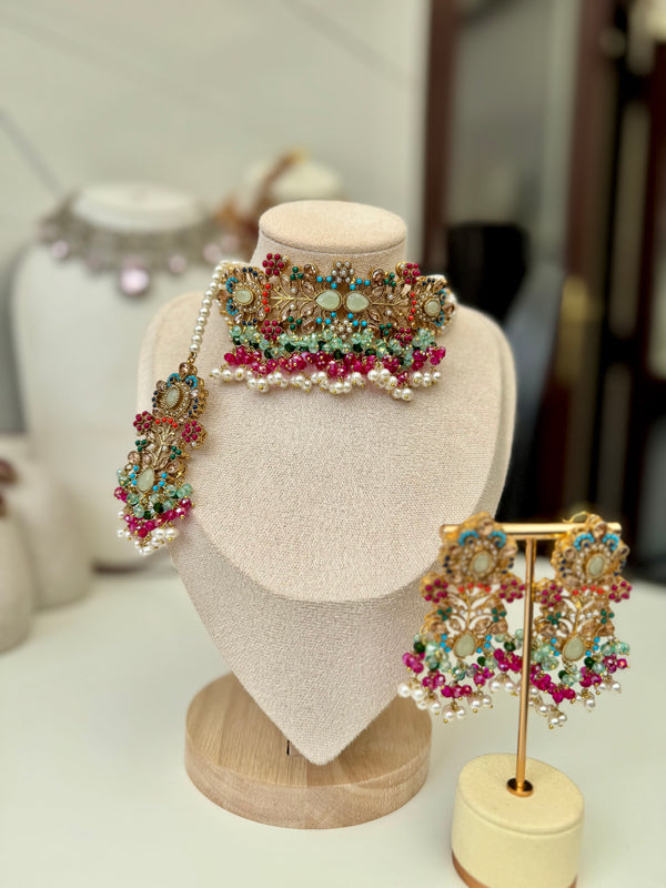 SHANAYA in mint, blue and pink| Multi-choker set